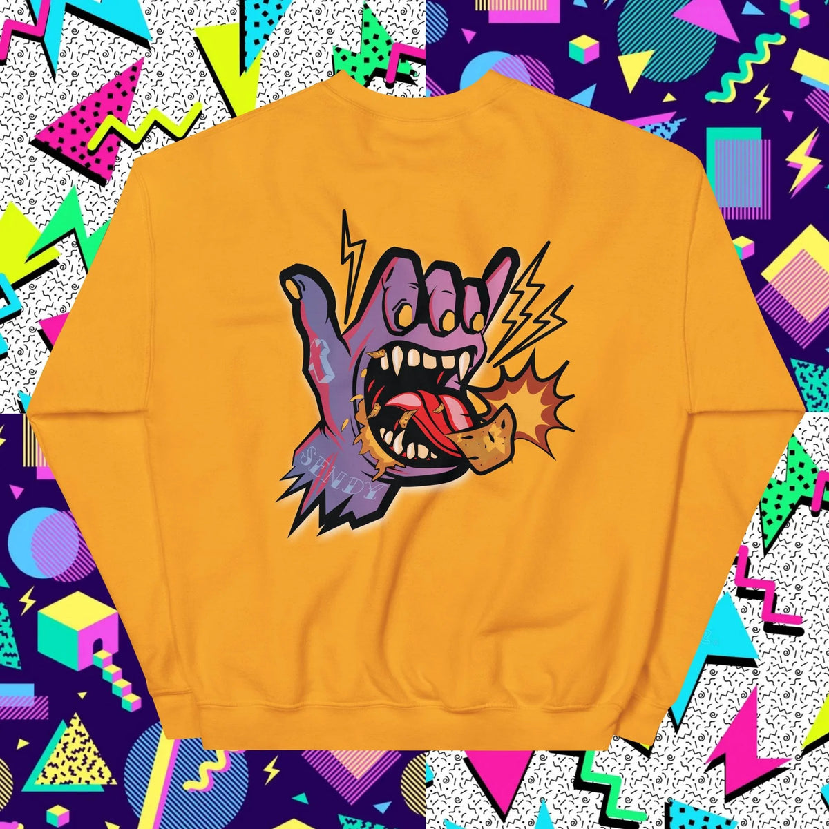 Send It Snacks unisex crewneck sweatshirt, gold, back view
