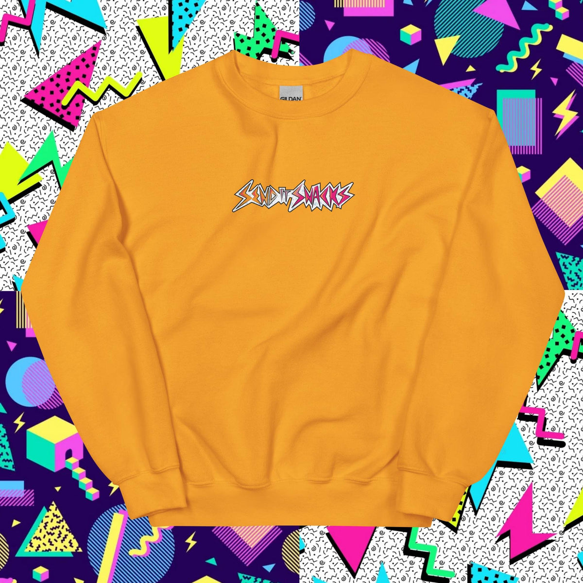 Send It Snacks unisex crewneck sweatshirt, gold, front view