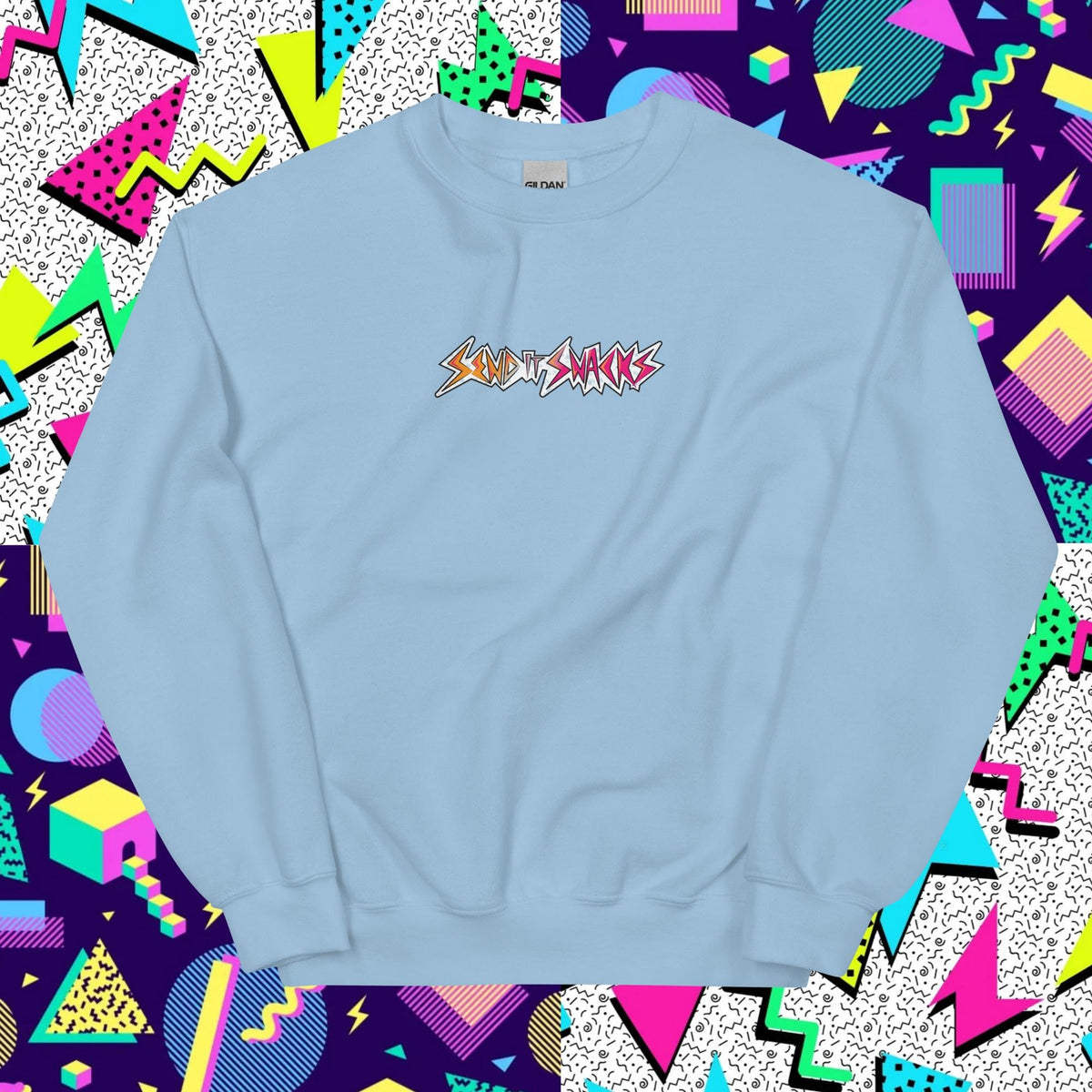 Send It Snacks unisex crewneck sweatshirt, light blue, front view