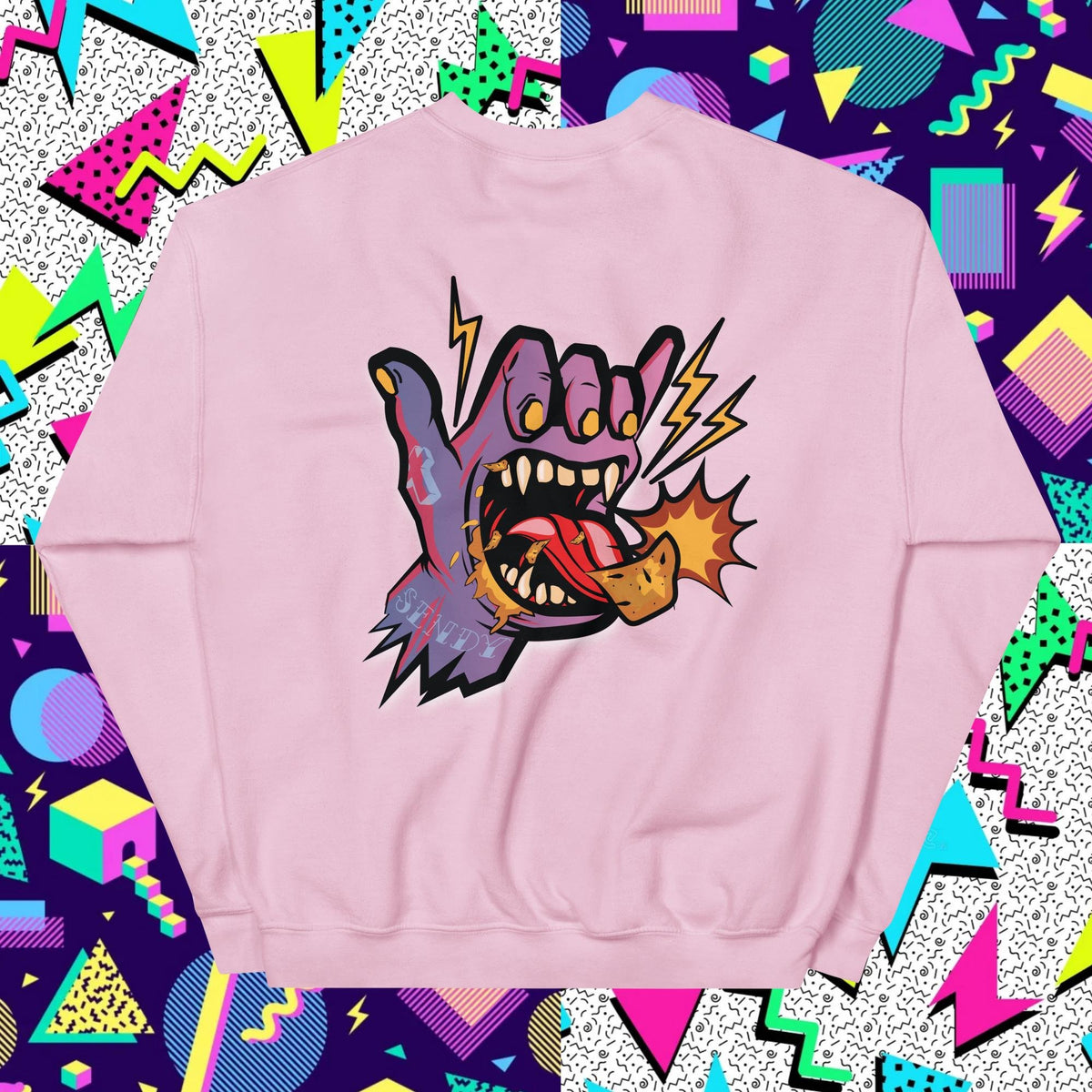 Send It Snacks unisex crewneck sweatshirt, light pink, back view
