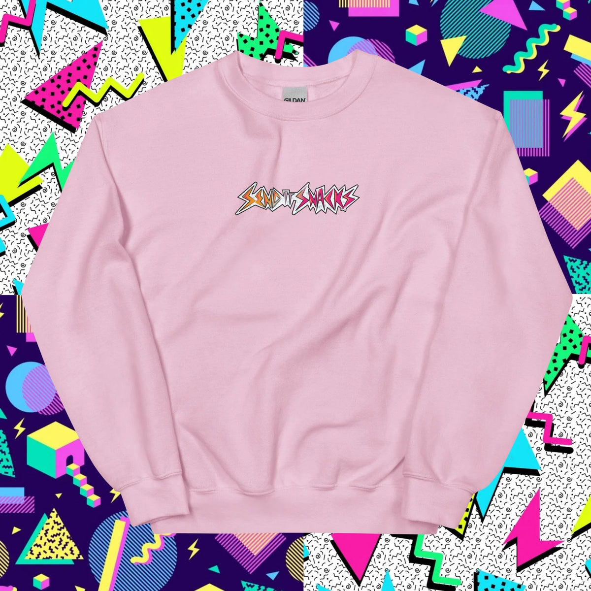 Send It Snacks unisex crewneck sweatshirt, light pink, front view