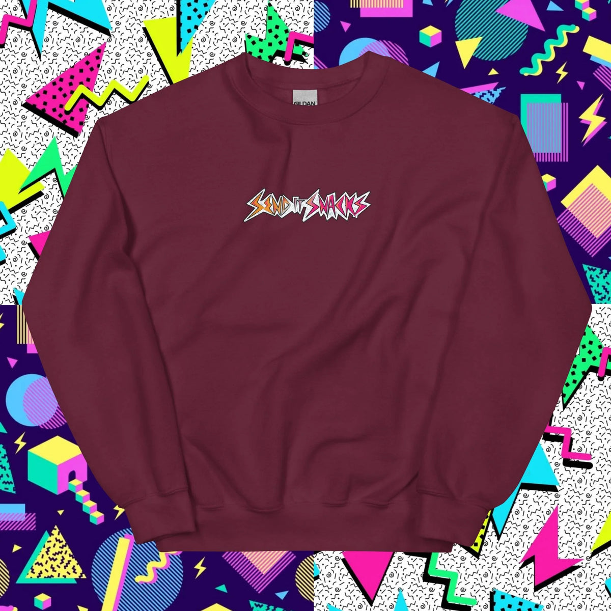 Send It Snacks unisex crewneck sweatshirt, maroon, front view